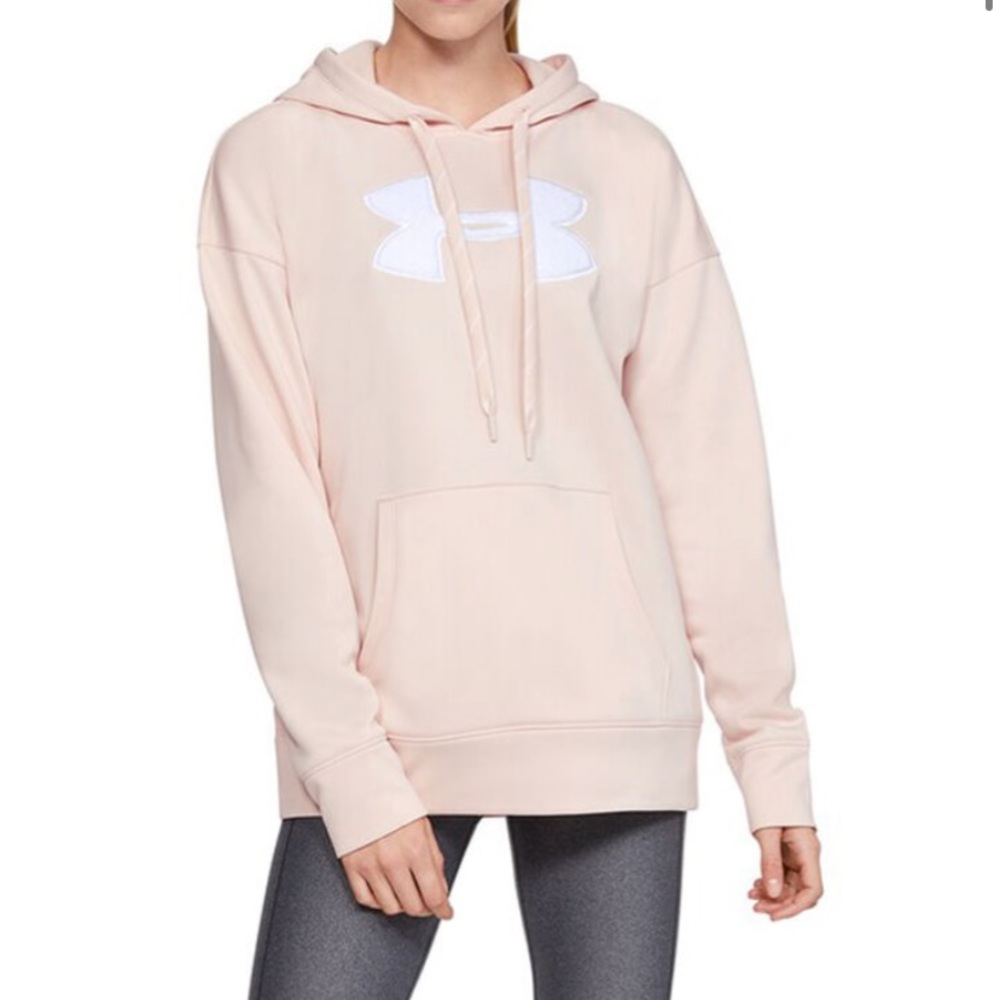 Under Armour loose fit fleece lined hoodie with plush logo pale pink and white L